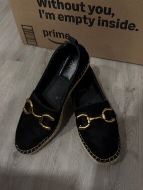 Zara Black Suede Loafers with Gold Link Hardware